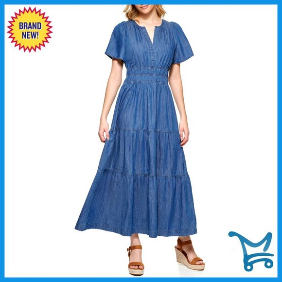 Dresses & Skirts - Short Sleeve V-Neck Tiered Midi Dress Chambray Fabric